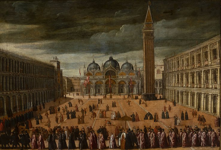 Cesare Vecellio (attribuito) , Processione dogale in Piazza San Marco a Venezia, 1597 ca. 
