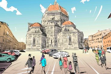 guida touring 2022 Santa Maria del Fiore Florence. Italy. Hand drawn city sketch. Vector illustration.