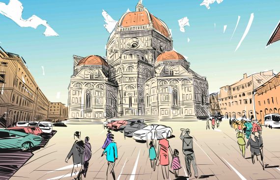 guida touring 2022 Santa Maria del Fiore Florence. Italy. Hand drawn city sketch. Vector illustration.