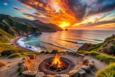 california adobe Big Sur's Pacific Valley: a picnic fire ring nestled in stunning coastal California landscape