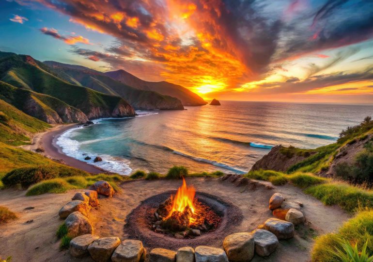 california adobe Big Sur's Pacific Valley: a picnic fire ring nestled in stunning coastal California landscape